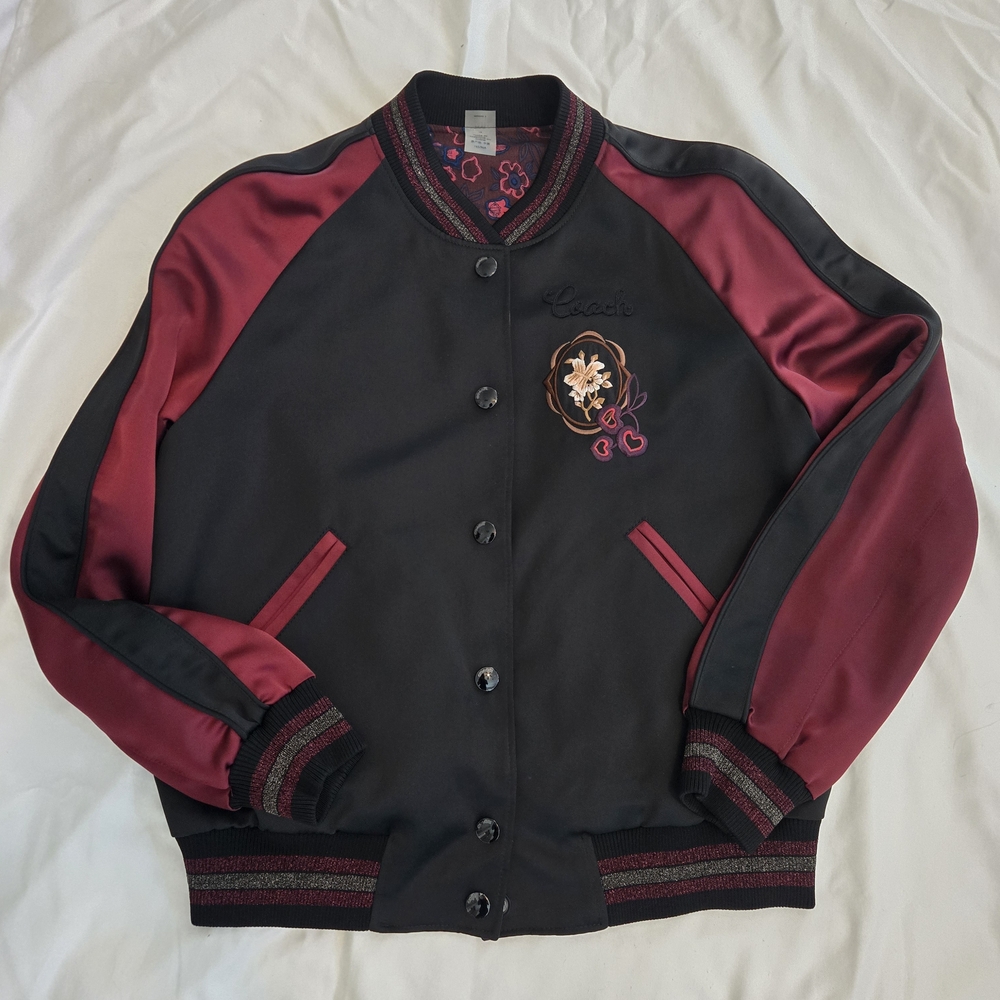 Coach Burgundy and Black Floral Bomber Jacket - REVERSIBLE